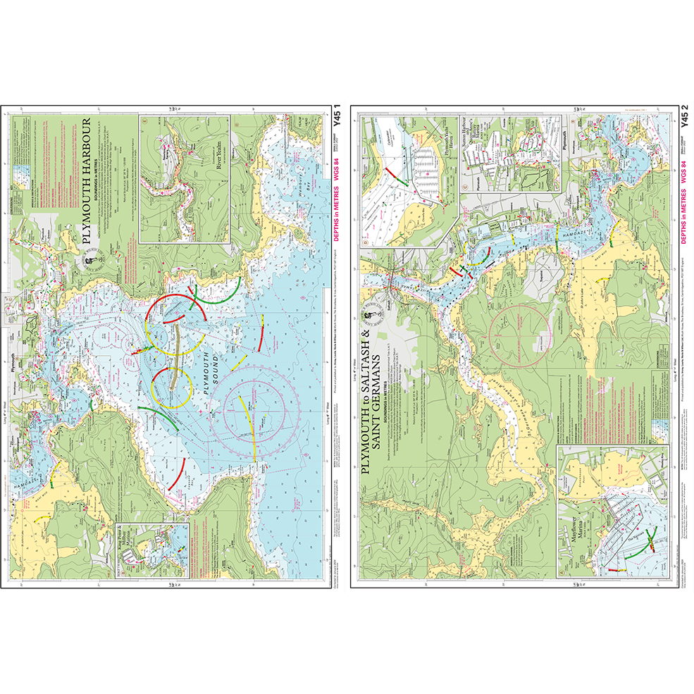 The Imray Chart Y45: Plymouth Harbour by Imray provides detailed, colourful mapping of Plymouth Harbour's water depths, navigation routes, and coastal features with symbols and inset maps for navigational reference.