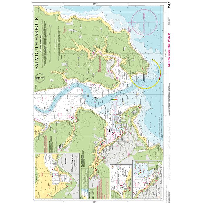 Imray Chart Y47L: Falmouth Harbour (Laminated) by Imray displays water depths, coastal features, docks, navigation aids, green land areas, UK harbour navigation details, and inset maps with extra harbor info at the bottom.