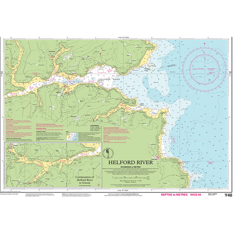 Introducing the Imray Chart Y48L | Helford River (Laminated) by Imray. This detailed nautical chart showcases the Helford River with depth measurements in meters, various navigational marks, and coastal topography. It highlights surrounding land areas, water depths, important navigational details, and routes within UK waterways.