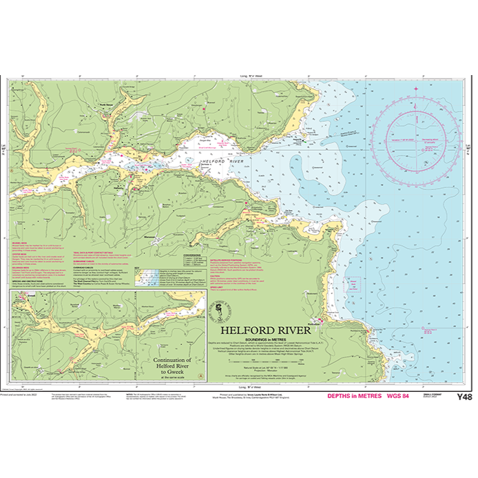 Introducing the Imray Chart Y48 | Helford River (Small Format) by Imray, a comprehensive map of the Helford River area featuring water depths marked in meters (WGS 84). This UK waterways chart highlights the river's course, surrounding land topography, and various hydrographic details essential for maritime navigation. Ideal for an in-depth guide to this picturesque region.