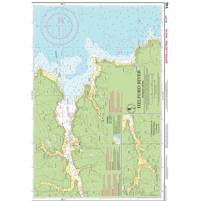 Imray Chart Y48L: Helford River (Laminated) by Imray shows water depths, coastal features, navigation markers, and land in green—ideal as a UK harbour navigation chart with detailed data and inset map. From the Imray Y Series laminated charts.