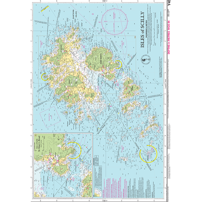 Imray Chart Y49: Isles of Scilly by Imray is ideal for small craft navigation, featuring detailed islands, routes, depths, hazards, and an inset map of southwestern England for reference.