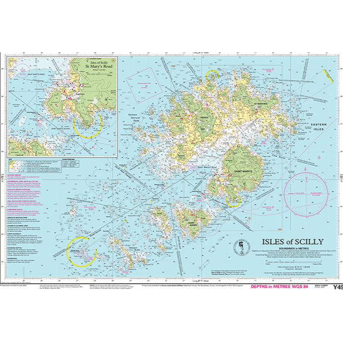 The Imray Chart Y49 | Isles of Scilly by Imray is a detailed nautical map of the Isles of Scilly, located off southwestern England. It features marine navigation routes, water depths in meters, and land elevations. Inset with St. Mary's Road in the upper left corner, this chart includes various navigational symbols and annotations typical of the Imray Y Series charts found in UK Waterways.