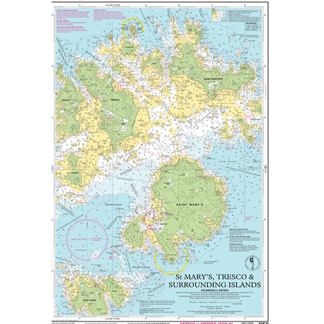 The Imray Chart Y50L, titled "Saint Mary's, Tresco and Surrounding Islands," is a laminated nautical chart that details the islands of St. Mary’s and Tresco, along with their surrounding areas. It includes various landmarks, depths, and navigational markers with water depths and coastal features color-coded for ease of use. This chart is part of the Imray Y Series charts for UK waterways.