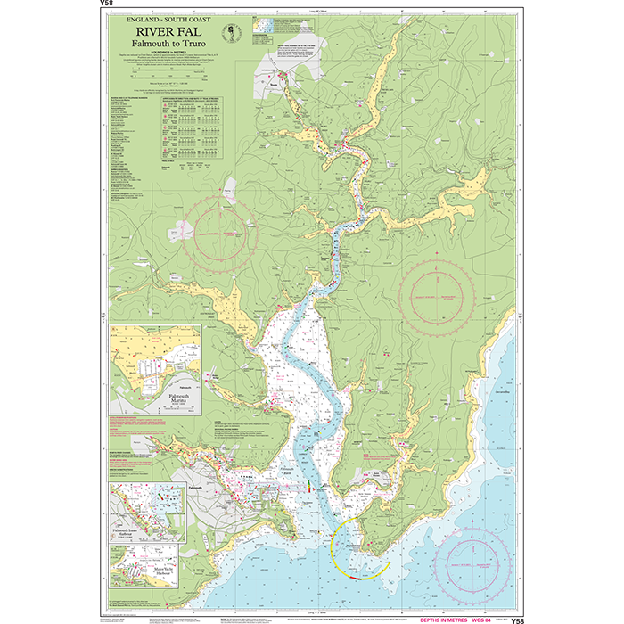 The Imray Chart Y58: River Fal by Imray covers the waterways from Falmouth to Truro, England, with navigation markers, depth soundings, symbols, land elevation, and safety notes—perfect for exploring UK rivers and estuaries.