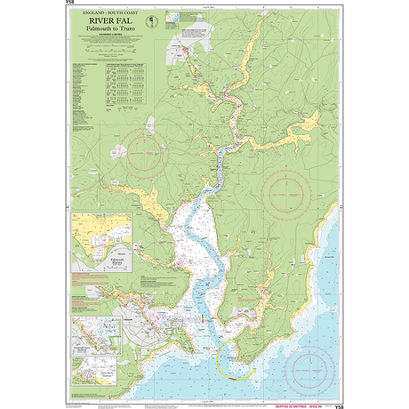 The Imray Chart Y58 | River Fal by Imray is a detailed nautical chart covering the area from Falmouth to Truro in South Cornwall, England. It includes water depths, navigational details, and topographic features such as roads, buildings, and geographic elements along this key section of UK waterways.