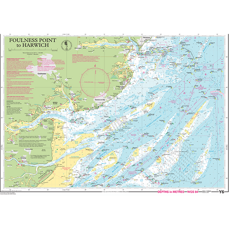 Imray's Imray Chart Y6L | Foulness Point to Harwich (Laminated) from the Y Series is a detailed nautical chart depicting coastal waters, depths in meters, navigation aids, and geographic landmarks for UK waterways. The chart includes various symbols and notes for navigational reference, set against a light yellow and blue background.