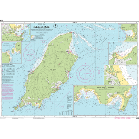 The Imray Chart Y70 | Isle of Man by Imray provides comprehensive details on coastal features, navigational aids, depths, and geodetic information. Insets offer detailed views of harbors, specific coastal areas, and navigating rivers & estuaries. The chart includes various symbols and annotations for maritime navigation.