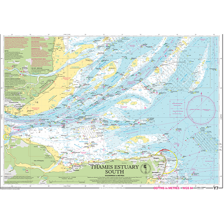 The Imray Chart Y7L | Thames Estuary South (Laminated), part of the Imray Y Series, provides a detailed nautical chart of the southern part of the Thames Estuary. This comprehensive chart includes navigational markers, water depths in meters, coastal features, and various important maritime information essential for navigating UK waterways.