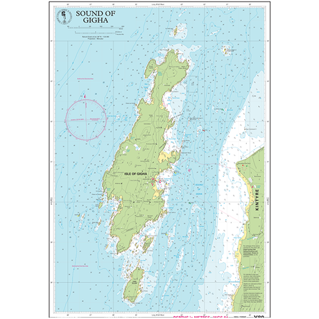 The Imray Chart Y80 | Sound of Gigha (Small Format) from Imray showcases the Sound of Gigha with detailed bathymetric contours, navigational aids, and landmarks. The Isle of Gigha is prominently displayed in green, with surrounding depths and hazards clearly marked, providing a comprehensive guide for safe navigation in UK waterways.