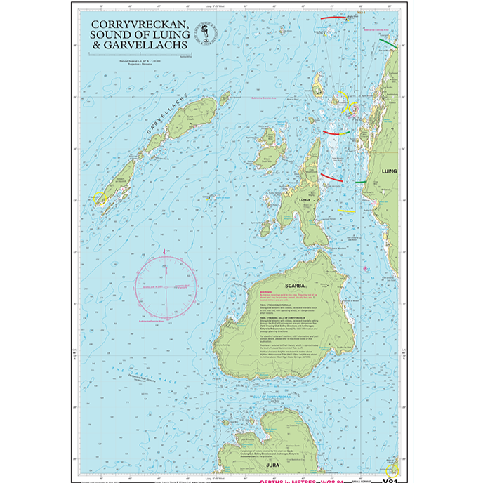 Imray Chart Y81: Corryvreckan, Sound of Luing and Garvellachs from Imray details water depths, navigation markers, hazards, and coastal islands near Scotland’s west coast, covering Scarba, Luing, Jura, and surrounding islets for small craft navigation.