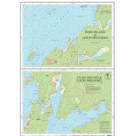 The Imray Chart Y82, part of the Imray Y Series Charts in a small format, includes two main maps. The top map illustrates the area from Insh Island to Loch Feochan, featuring water depths, navigational markers, and coastal details. The bottom map offers a detailed guide to Cuan Sound and Loch Melfort, also indicating water depths and coastal features of the UK Waterways.