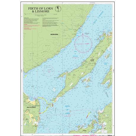 The Imray Chart Y84 | Firth of Lorn and Lismore (Small Format) from Imray offers a detailed nautical chart of the Firth of Lorn & Lismore area. It includes intricate bathymetric data, navigation aids, and landmarks. The chart covers parts of the Isle of Mull to the southwest and the Morvern peninsula to the northeast, featuring text and symbols that provide essential maritime information on UK waterways.