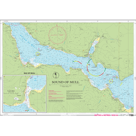 A detailed Imray Chart Y86 (Small Format) of the Sound of Mull, Scotland, featuring water depths, navigational hazards, and land elevations. The inset map of Loch Aline is located in the bottom left corner. Various navigation symbols and a compass rose are depicted. Part of the Imray Y Series Charts, it exemplifies UK Waterways precision.