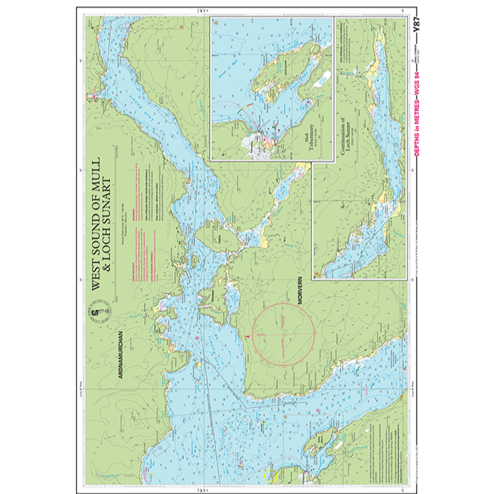 Imray Chart Y87: West Sound of Mull and Loch Sunart, by Imray, details water depths, navigation routes, coastal features, islands, inset maps, labels, and coordinates—ideal for small craft navigation.