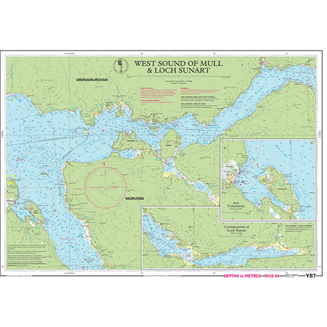 Nautical chart titled "Imray Chart Y87 | West Sound of Mull and Loch Sunart (Small Format)," produced by Imray, showcasing detailed bathymetric data and coastal topography. It includes depths in meters, navigation aids, and land features. Insets provide additional details on Tobermory harbor and other key UK waterways charts.