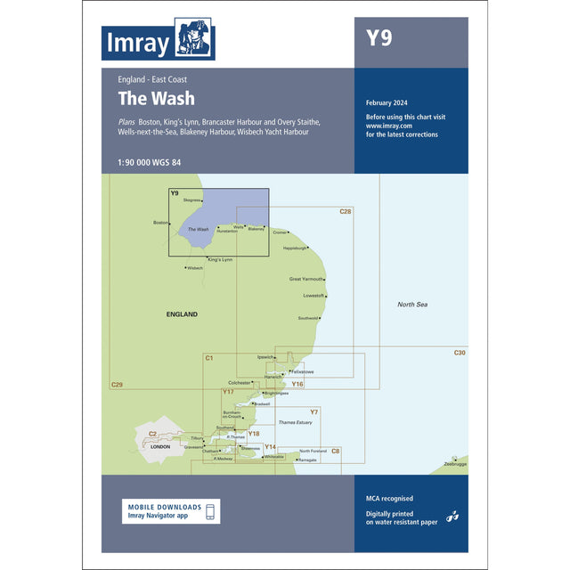 Imray Chart Y9: The Wash by Imray covers England’s east coast, focusing on The Wash area. This 2024 GPS navigation chart details towns, harbors, and waterways along UK rivers and estuaries.