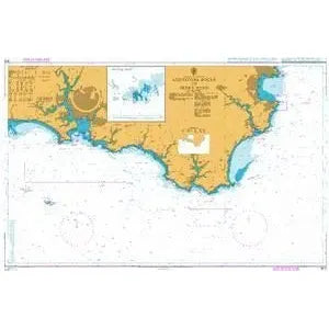 The Admiralty Instructional Chart 5089, named "Eddystone Rocks to Berry Head," provides a detailed representation of the coastline and water depths for an area on Australia's South Coast. This nautical chart includes essential navigation aids, landmarks, and detailed notations crucial for maritime navigation. Compliant with ADMIRALTY Standard Nautical Charts, land is shaded in yellow while water bodies appear in white and blue.