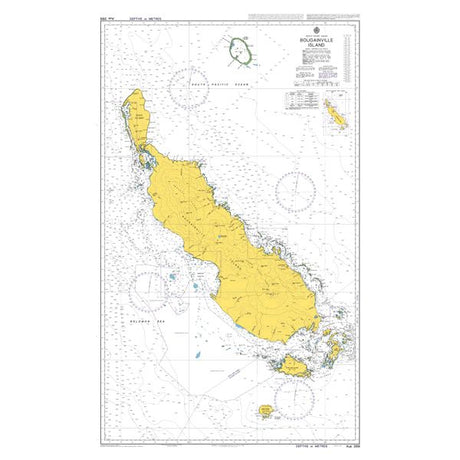 Admiralty Chart AUS399: Bougainville Island by Admiralty displays detailed coastal outlines, water depths, navigational markings, islets, and grid lines for safe navigation.