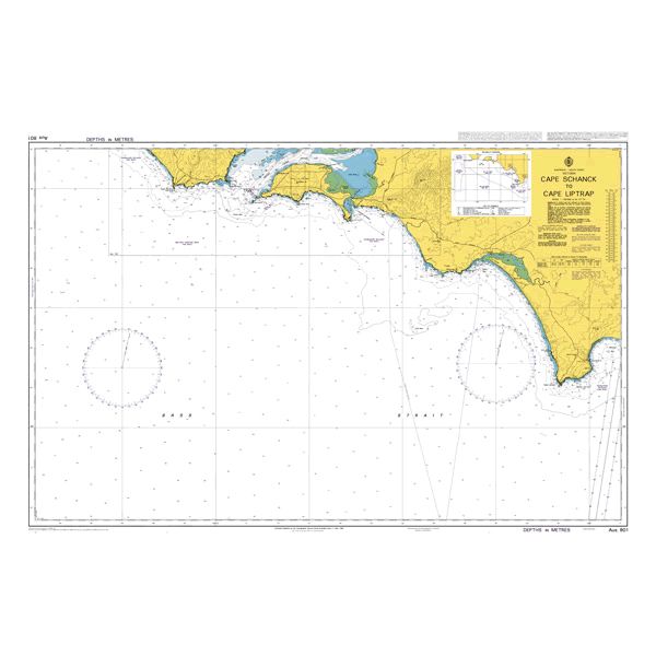 Admiralty Chart AUS801: Cape Schanck to Cape Liptrap by Admiralty displays Australia’s coastline with land shaded yellow, white ocean, and navigation details such as depth markings and compass roses.