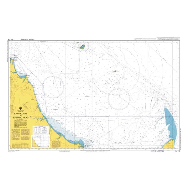 Admiralty Chart AUS818: Sandy Cape to Bustard Head by Admiralty, features coastline details, water depths, navigation markers, hazards, yellow-shaded land areas, and marked ocean zones as produced by the UK Hydrographic Office.