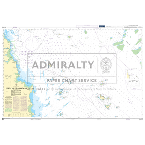 Admiralty Chart AUS823: Percy Isles to Mackay by Admiralty features coastal outlines, islands, depths, navigation aids, coordinates, and is labeled "ADMIRALTY PAPER CHART SERVICE" across the center.