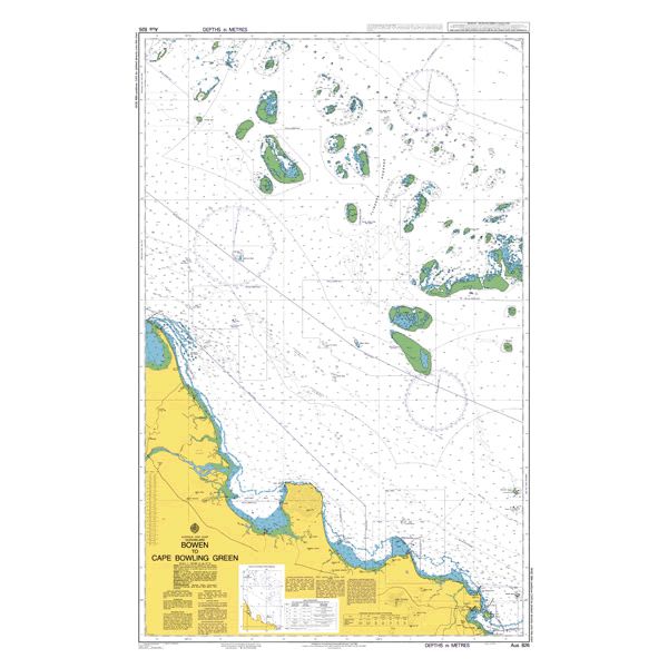 Admiralty Chart AUS826: Bowen to Cape Bowling Green (Admiralty) details coastline, islands, reefs, depths, routes, and marine markings in Queensland, Australia; produced to Admiralty Standard by the UK Hydrographic Office.