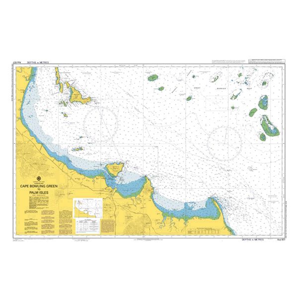 Admiralty Chart AUS827 by Admiralty details Cape Bowling Green to Palm Isles, Australia, featuring depths, islands, reefs, and navigation info with Admiralty Standard markings.