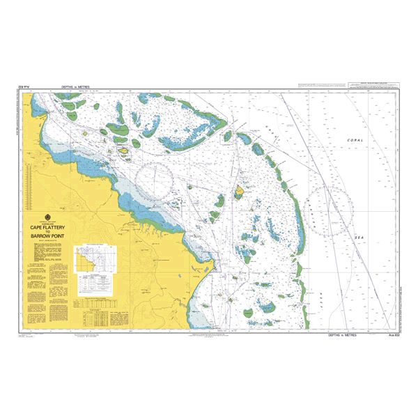 Admiralty Chart AUS832: Cape Flattery to Barrow Point by Admiralty shows coastline, reefs, and navigation details for this area, with land in yellow, water in white/blue, plus maritime symbols and markings. Produced by the UK Hydrographic Office.