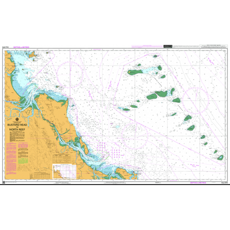 The Admiralty Chart AUS819: Bustard Head to North Reef by Admiralty offers detailed coverage of reefs, islands, routes, and water depths to aid safe navigation along Australia’s northeast coast.