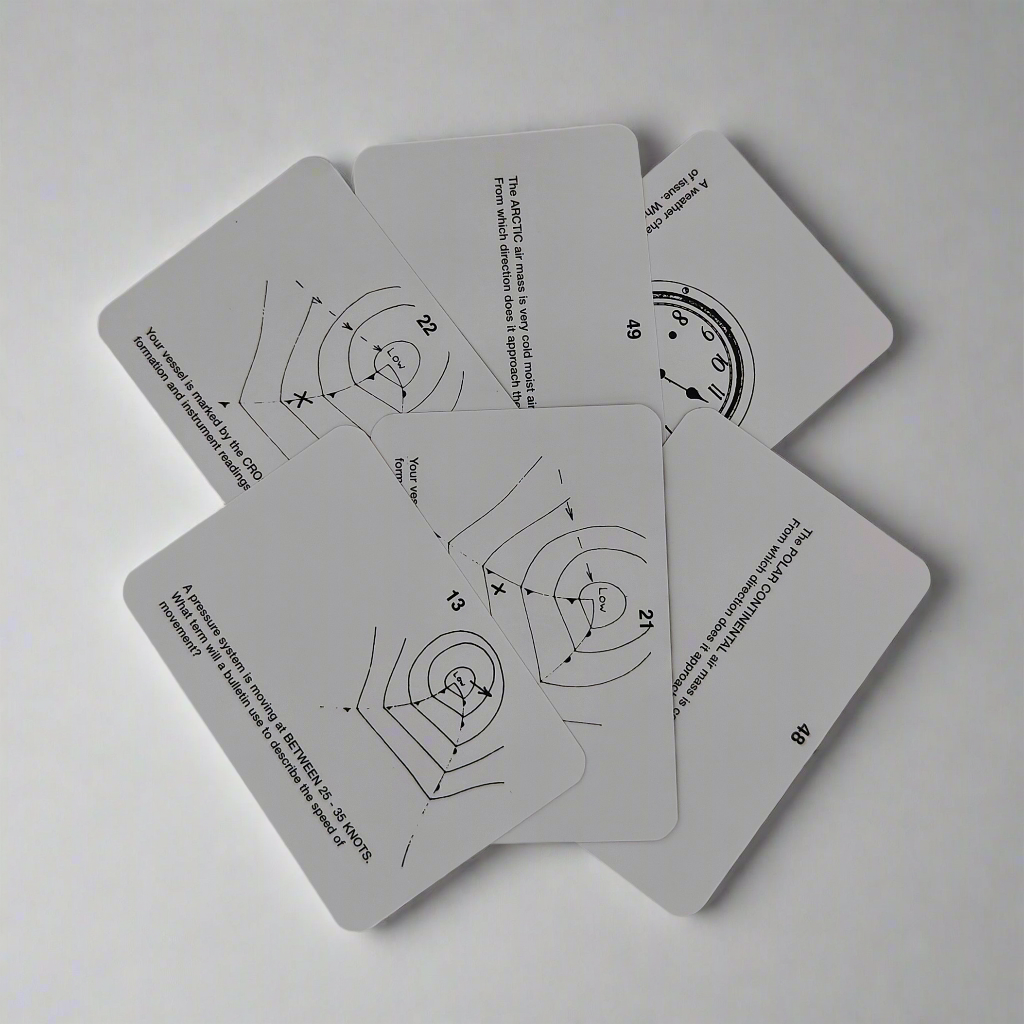 Six Flip Cards - Meteorology arranged in a fan-like pattern on a white surface, each featuring a black and white illustration of a dartboard target and written instructions, with each card displaying different numbers. The cards slightly overlap, resembling the structured sequence seen in RYA courses.