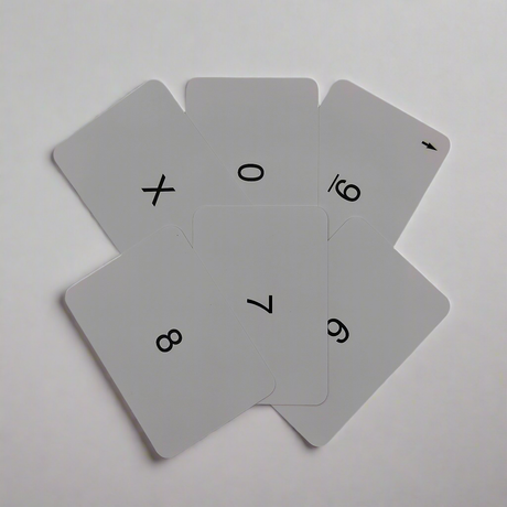 A set of six Flip Cards - Morse Code from the brand Flip Cards is spread out in a fan shape on a white surface. The cards, resembling a minimalist Morse symbol set, display the numbers 0, 1, 6, 7, 8, and an "X". Each card features a sleek design with black symbols on a white background.