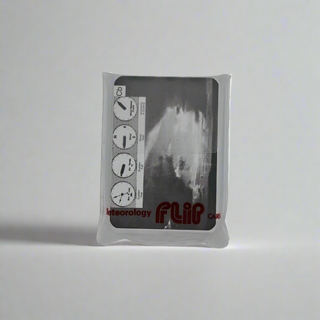 The Flip Cards - Meteorology, by Flip Cards, is a silver-colored, rectangular cassette tape case with a weather-themed design inspired by meteorology. The front displays atmospheric gauges and a cloudy sky, with "lateorology" and "FLIP" printed in red and white at the bottom. The case stands upright against a plain background.