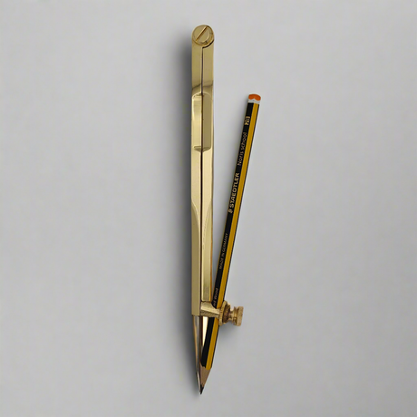 The Chartwright 8" Brass Pencil Compass, featuring a classic golden design, serves as the perfect navigation instrument and comes paired with a black and yellow pencil. Secured in place by a screw knob, this premium set from Chartwright is arranged against a plain, light gray background.