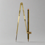 The Chartwright 8" Brass Pencil Compass is holding a black and yellow pencil on a plain grey background. This elegant navigation instrument from Chartwright is pointed down, ready for use in drawing circles or arcs. The setup is neat and minimalist.