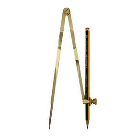 The Chartwright 8" Brass Pencil Compass is holding a black and yellow pencil on a plain grey background. This elegant navigation instrument from Chartwright is pointed down, ready for use in drawing circles or arcs. The setup is neat and minimalist.