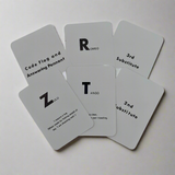 Five Flip Cards arranged in a flower pattern, each displaying a letter with its corresponding phonetic spelling from the International Code of Signals. The letters shown are R for Romeo, T for Tango, Z for Zulu along with the Code flag, Answering Pennant, 2nd Substitute, and 3rd Substitute.