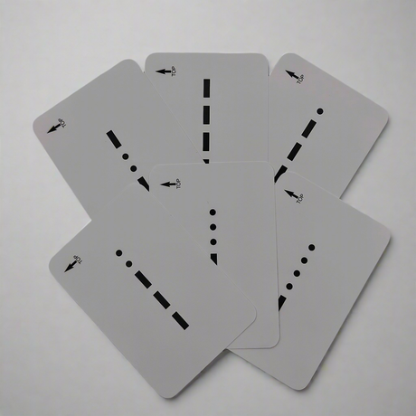 The Flip Cards - Morse Code by Flip Cards are arranged in an overlapping pattern, each displaying a unique combination of vertical black lines and dots on a white background, reminiscent of Morse symbols. Three of the cards feature arrows pointing upward, indicating measurement symbols that are ideal for mariners' learning.