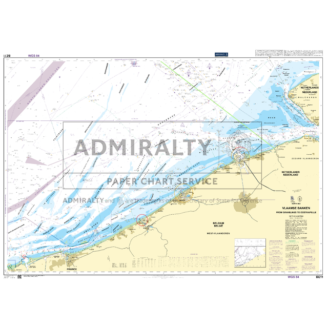 Product image of Admiralty Chart BE11 | Vlaamse Banken from Gravelines to Oostkapelle, featuring navigational markings, depth soundings, and coastal features, essential for safe marine navigation. It could be displayed as an art piece or used for navigation on a boat or ship.