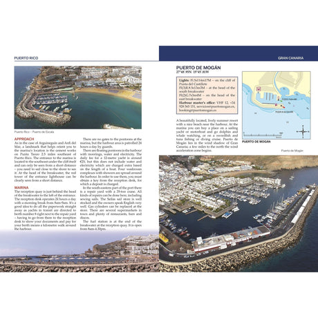 A two-page spread in the "Canary Islands Cruising Companion" by Fernhurst Books contrasts Puerto Rico and Puerto de Mogán. The left page shows Puerto Rico's marina with approach details, while the right offers similar insights and images for Canary Islands Cruising to Puerto de Mogán.