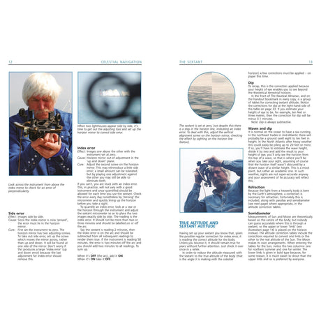 An experienced ocean sailor with white hair uses a sextant on a boat. The page from "Celestial Navigation" by Fernhurst Books features diagrams on using the tool correctly, set against a stunning ocean and sky backdrop.