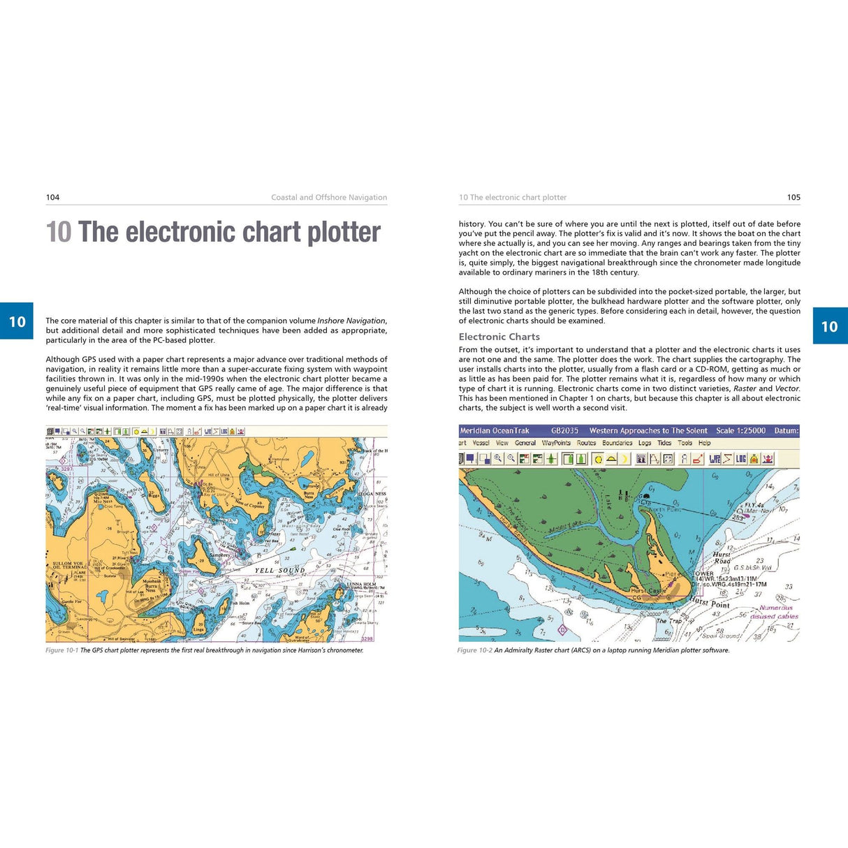 A spread from "Coastal and Offshore Navigation" by Fernhurst Books is open to chapter pages 104 and 105, focused on "The Electronic Chart Plotter." The left page contains text alongside a colored map, while the right page features additional text accompanied by two colored maps at the bottom. These maps provide navigational charts designed for the modern yacht navigator aiming for a stress-free voyage.