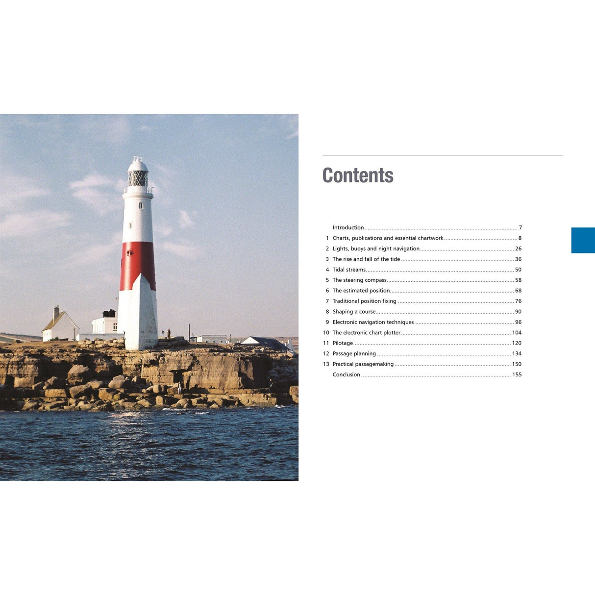 Image depicting a picturesque lighthouse on a rocky coast with a table of contents displayed to the right. The lighthouse features a white base and a red middle section. The table of contents in "Coastal and Offshore Navigation" by Fernhurst Books begins with "Introduction" on page 7 and concludes with "Conclusion" on page 155, offering guidance akin to that of a yacht navigator for an effortless journey.