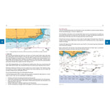 Two pages from the Fernhurst Books' "Coastal and Offshore Navigation" feature GPS navigation with a map on the left, while the right page explains "The estimated position," combining text and nautical charts to integrate traditional and modern techniques.