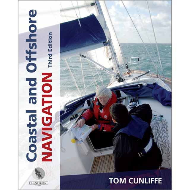 A book cover titled "Coastal and Offshore Navigation" by Fernhurst Books features a photo of two people discussing navigation on a modern yacht. One person is pointing at a map, while the other listens attentively, with the sea visible in the background.