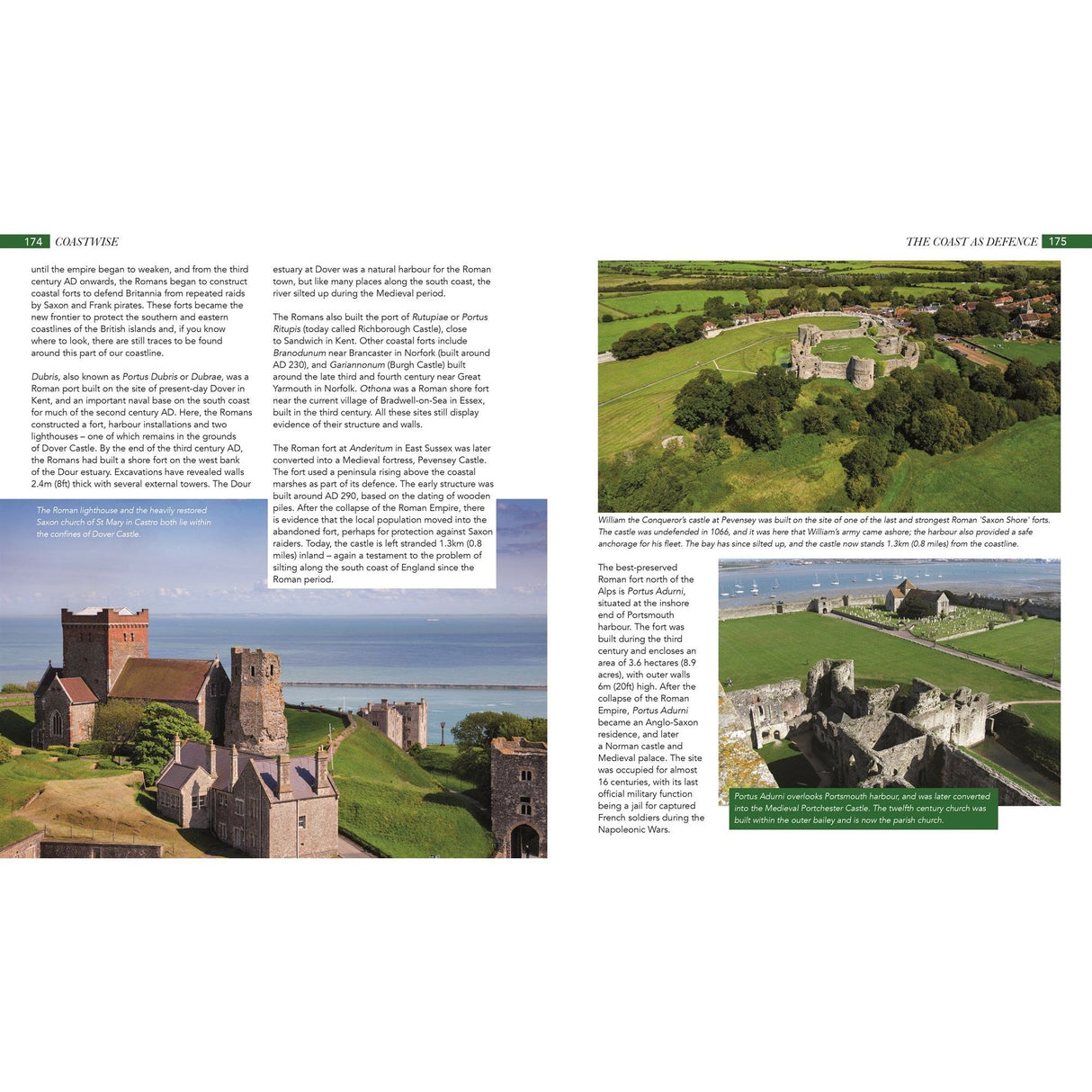 A two-page spread in "Coastwise" by Fernhurst Books showcases castles along the British coastline in lush landscapes, with text detailing their architecture, significance, and geological influences on these medieval structures amid scenic views.