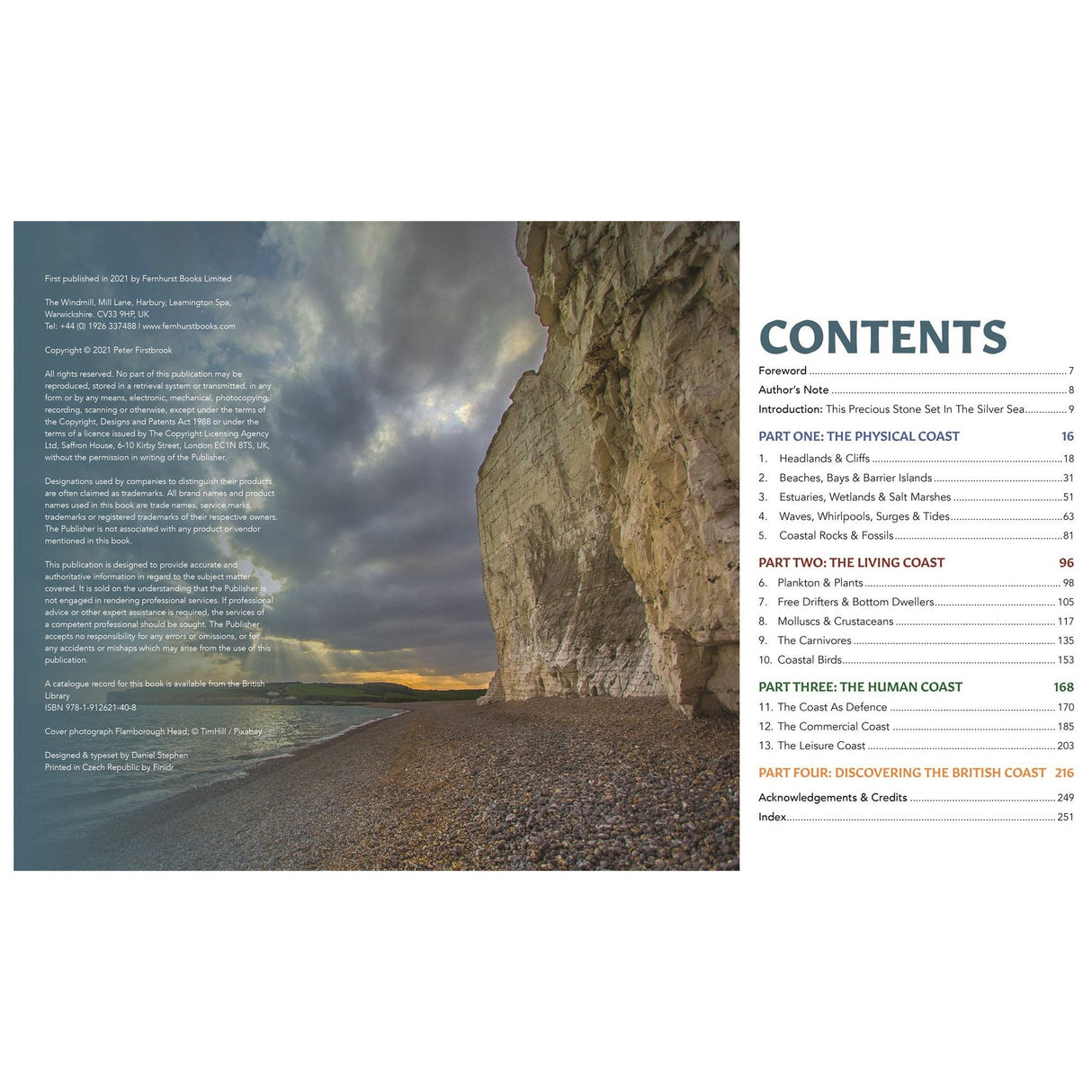 The cover of Fernhurst Books' "Coastwise" displays a scenic coastal landscape with dramatic skies, rocky shorelines, and white cliffs. Inside, it explores the physical coast, living coast, human coast, and the British coastline shaped by geological forces.