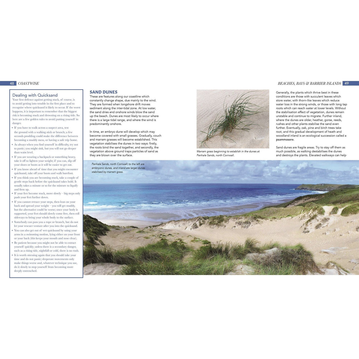 A magazine spread inspired by "Coastwise" from Fernhurst Books, featuring text and images of sand dunes, quicksand, plants on sandy terrain, and a scenic British coastline shaped by geological forces.