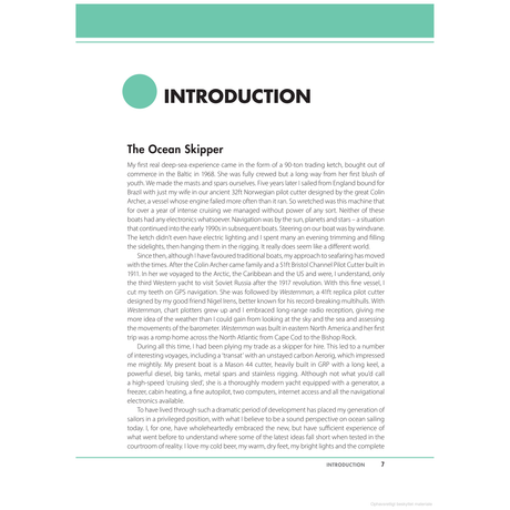 Page titled "INTRODUCTION." Below the title, the text comprises a memory shared from *The Complete Ocean Skipper* by Adlard Coles. The text reflects on technical issues and navigation challenges faced on offshore cruises aboard an ancient Norwegian pilot cutter, echoing the wisdom of Tom Cunliffe in ocean sailing.