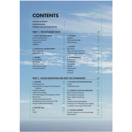 Image of a contents page from "The Complete Ocean Skipper" by Adlard Coles, set against a backdrop of a blue sky with some clouds. The table of contents is divided into two main parts: Part 1 covers aspects of offshore yachts and sailing rigs, as explored by Tom Cunliffe, while Part 2 focuses on ocean navigation and deep-sea seamanship.